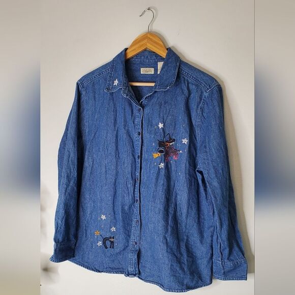 Classic Elements Embroidered Halloween Denim Shirt Womens Size 14 - Picture 7 of 9